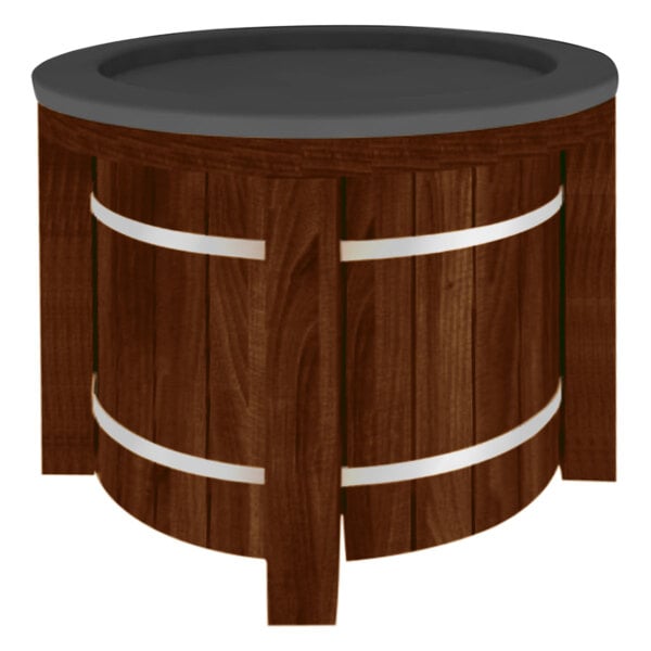 A Marco Company STAX round wood produce display bin with a cherry wood finish.