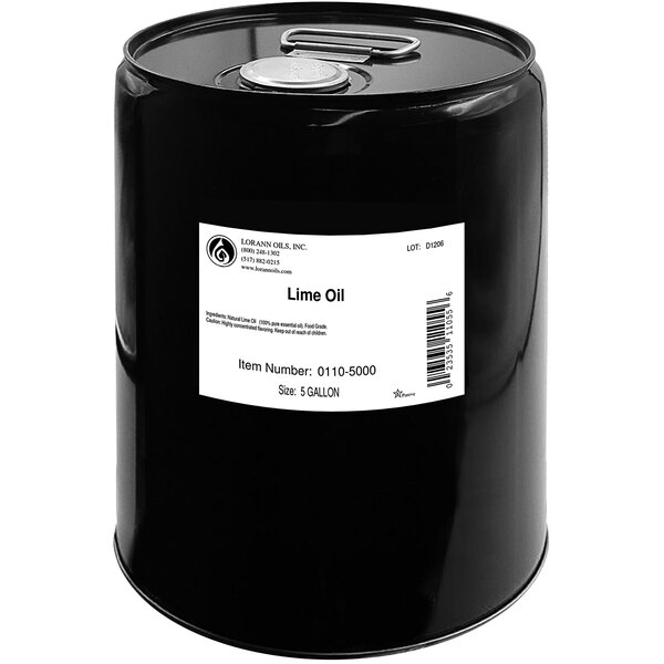 A black barrel with a white label that says "LorAnn Oils All-Natural Lime Super Strength Flavor"