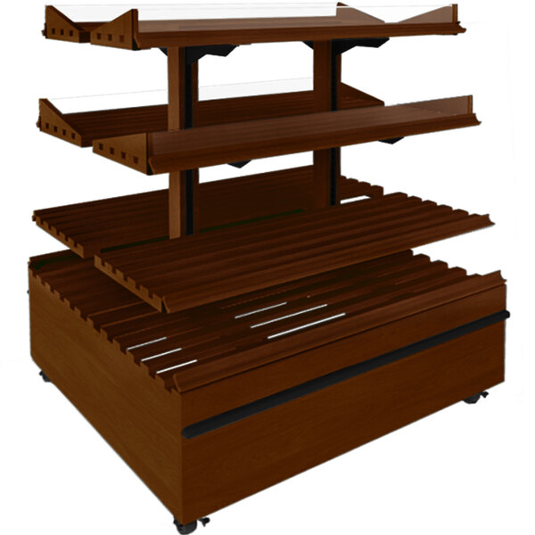 A brown wooden Marco Company bakery display with adjustable shelves.