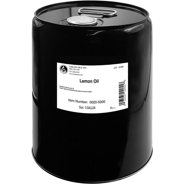 A black barrel with a white label for LorAnn Oils All-Natural Lemon Super Strength Flavor.