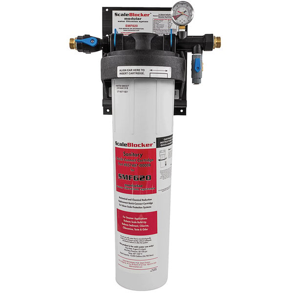 A white Vulcan Scaleblocker water filtration system for steam equipment with a black cap and pressure gauge.