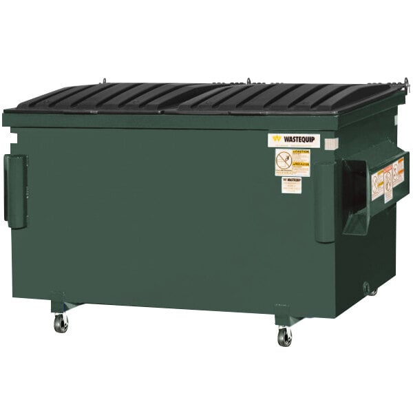A green Wastequip dumpster with casters.