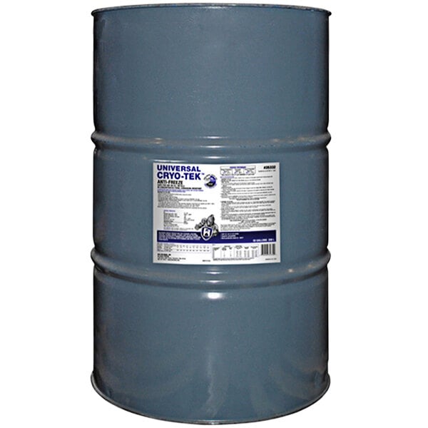 A 55 gallon barrel of Hercules Cryo-Tek universal antifreeze with a white label.