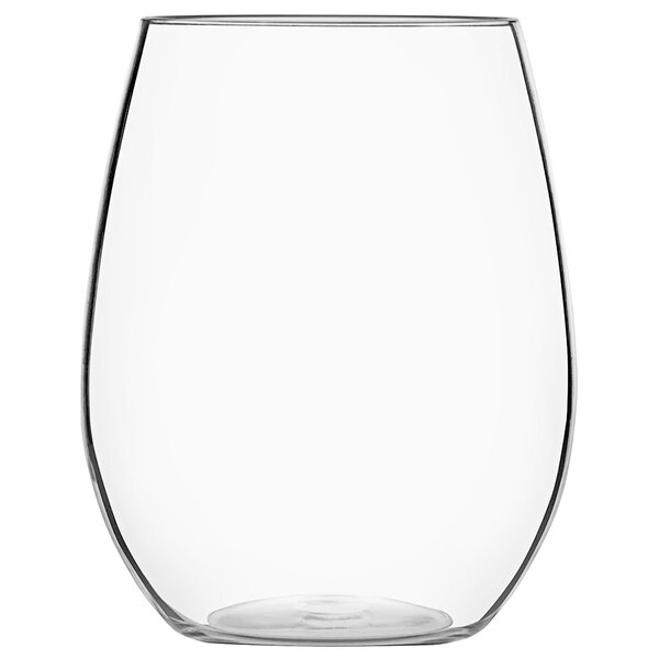 A clear Libbey Tritan plastic stemless wine glass.