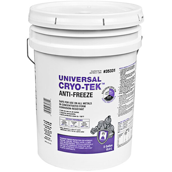 A white bucket of Hercules Cryo-Tek 35331 universal antifreeze with purple text.