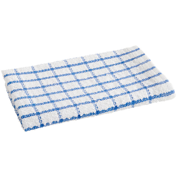 A white dish cloth with a blue and white windowpane checkered pattern.