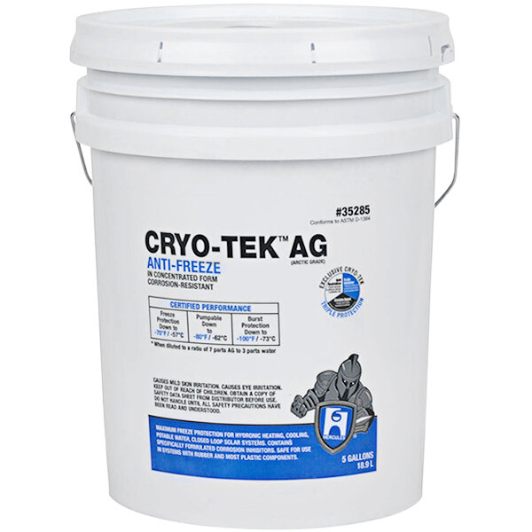 A white Hercules Cryo-Tek AG 5 gallon bucket with a blue label.