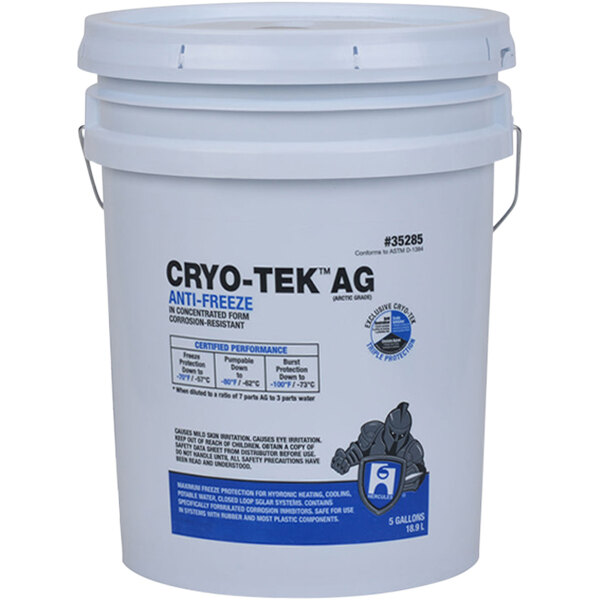 A white bucket of Hercules Cryo-Tek AG 35288 with a blue label and lid with a knight logo.