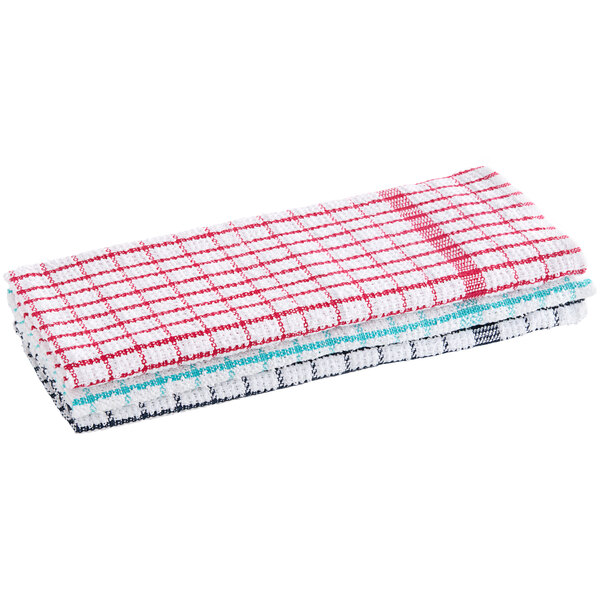 A stack of Oxford Kitchen Towels with red and blue stripes on a white background.