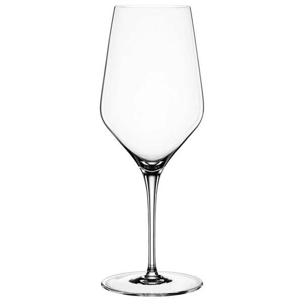A close-up of a clear Spiegelau All-Purpose Wine Glass with a long stem.