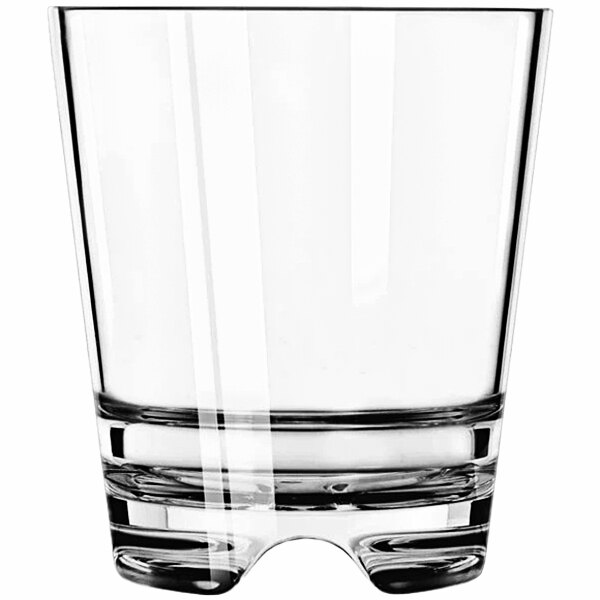 A clear Libbey plastic double old fashioned glass with a curved bottom.