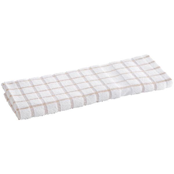 A white and brown plaid Oxford Kitchen towel.