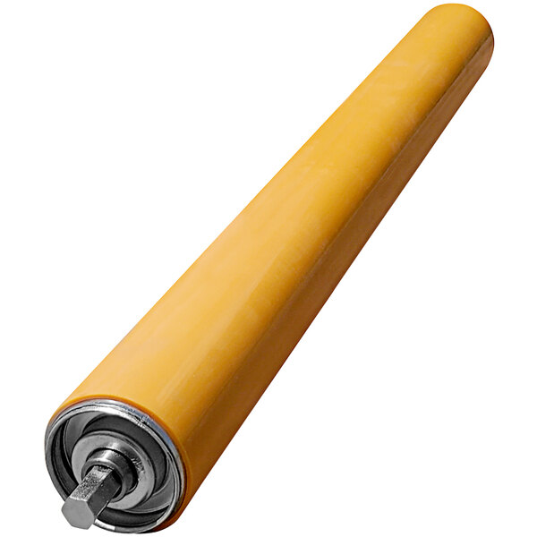 A yellow Lavex polyurethane coated roller with a metal shaft.