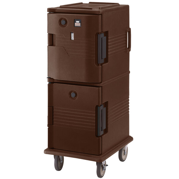 A dark brown Cambro Ultra Camcart food holding cabinet on wheels.