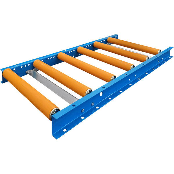 A Lavex blue roller conveyor with orange polyurethane-coated rollers.
