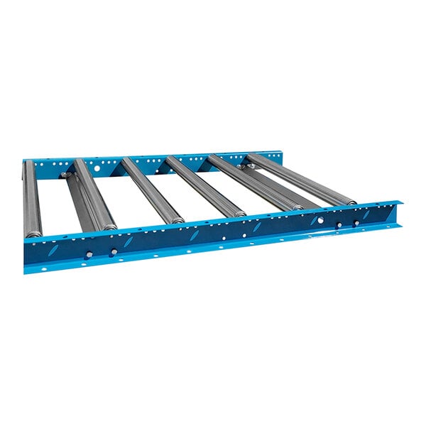 A blue metal rack with metal rollers on a white background.
