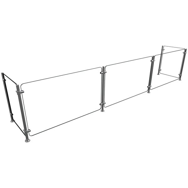 A Hatco Flav-R-Shield pass-over sneeze guard with adjustable wire brackets and a metal railing with a wire fence.
