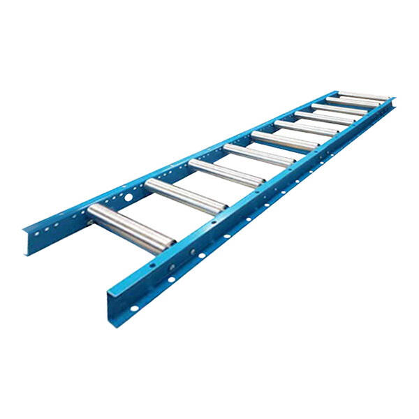 A metal gravity conveyor with galvanized steel rollers.