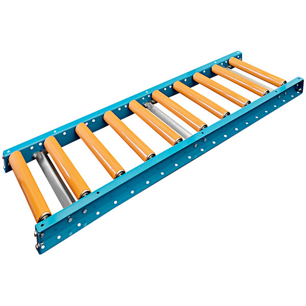 A blue roller conveyor with blue and orange rollers.