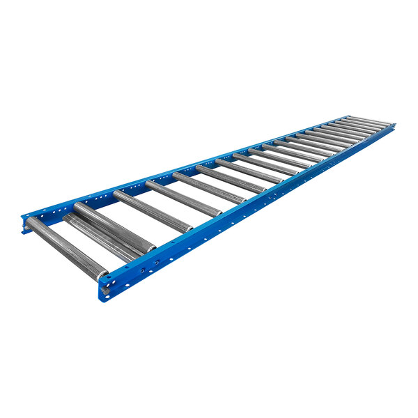 A blue and silver Lavex roller conveyor with metal rollers.
