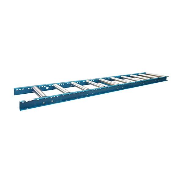 A Lavex gravity conveyor with blue and silver rollers.