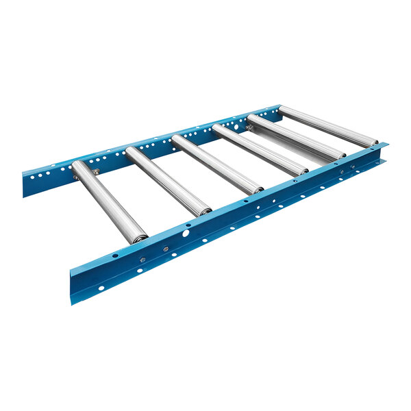 A Lavex gravity roller conveyor with galvanized steel rollers and blue metal rods.
