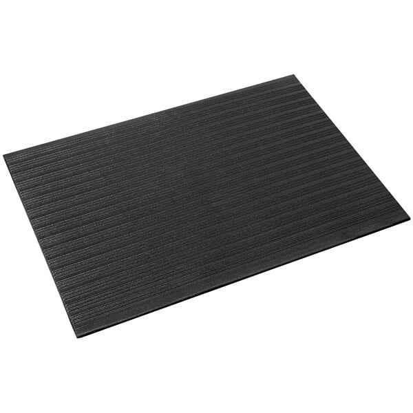 A black rectangular Durable vinyl anti-fatigue mat with sponge-ribbed stripes.