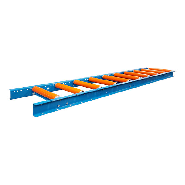 A blue metal frame with orange polyurethane coated rollers.