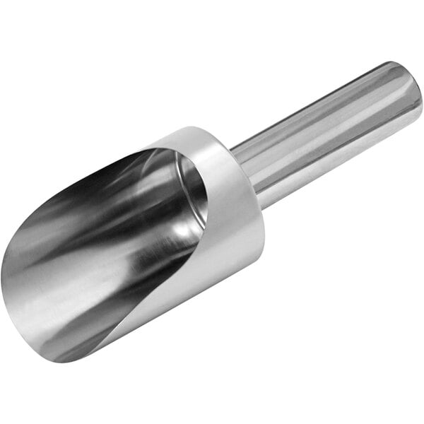 A silver stainless steel Sani-Lav scoop with a long handle.