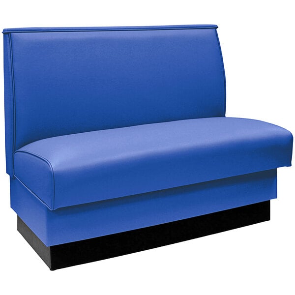 An American Tables & Seating blue booth with a black base.