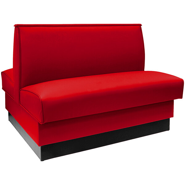 An American Tables & Seating red upholstered double booth with a black base.