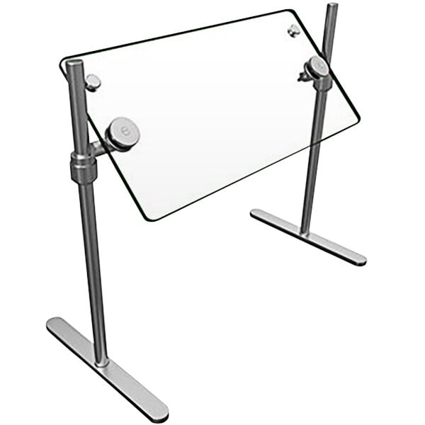 A glass table with a metal stand and a Hatco Flav-R-Shield Sneeze Guard on it.