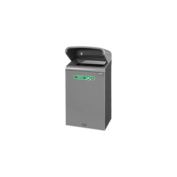A Rubbermaid Stenni gray rectangular recycling container with a green rain hood lid.