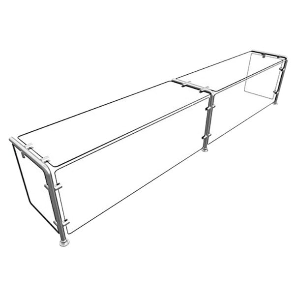 A long rectangular glass shelf with metal rods on the sides.