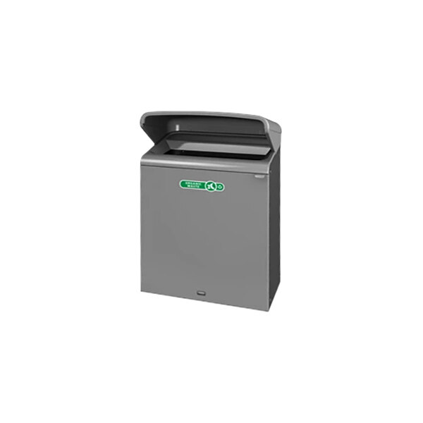 A grey rectangular Rubbermaid recycling container with a open lid.