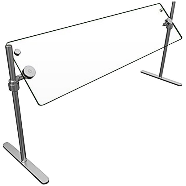 A glass table with a metal stand and a Hatco Flav-R-Shield Sneeze Guard on top.