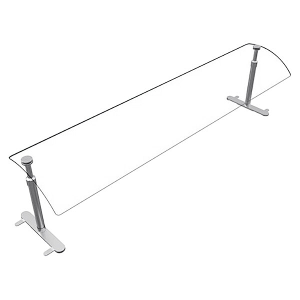 A Hatco Flav-R-Shield portable curved acrylic sneeze guard on a metal railing over a counter.