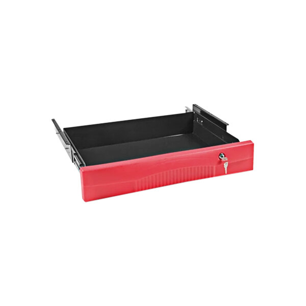 A red Rubbermaid drawer with a black metal latch.