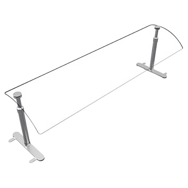 A Hatco Flav-R-Shield portable curved acrylic sneeze guard on a clear glass table with metal legs.