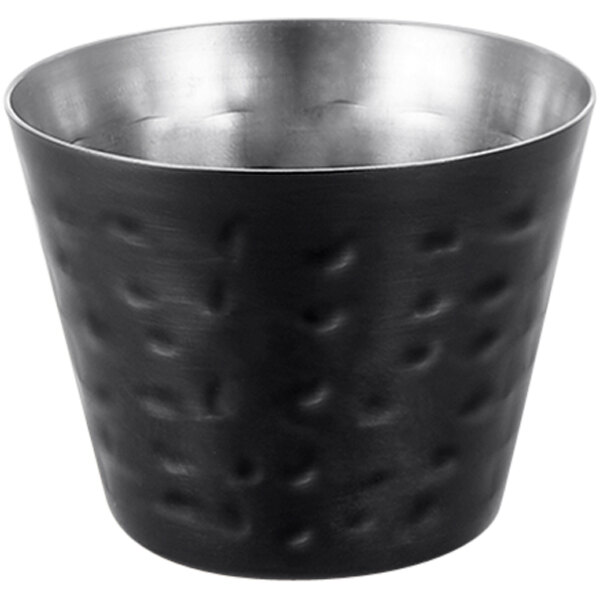 An American Metalcraft round stainless steel sauce cup with a hammered black finish and silver rim.