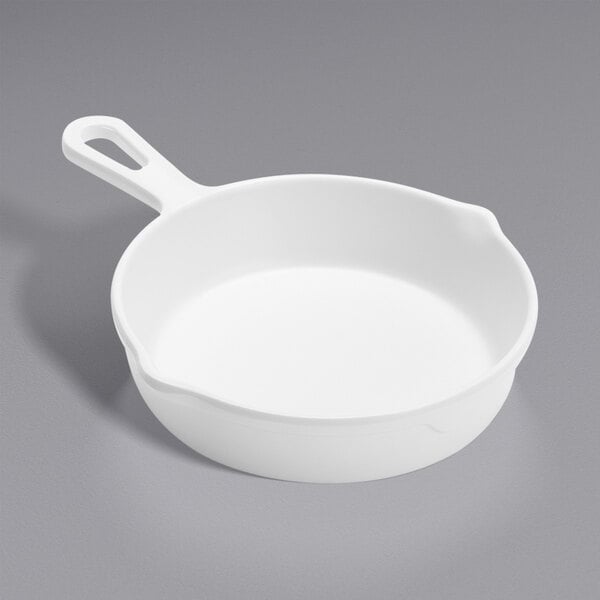 An American Metalcraft white melamine fry pan with a handle.