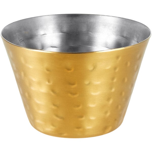 An American Metalcraft stainless steel sauce cup with a hammered gold finish.