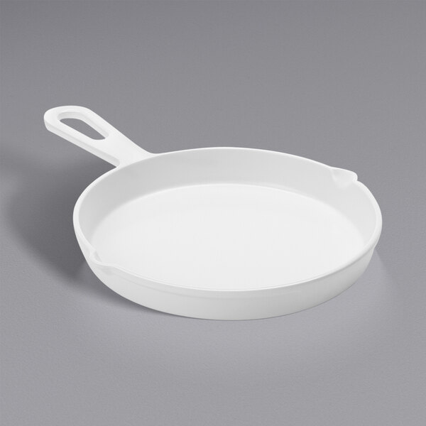 An American Metalcraft white melamine fry pan with a handle.