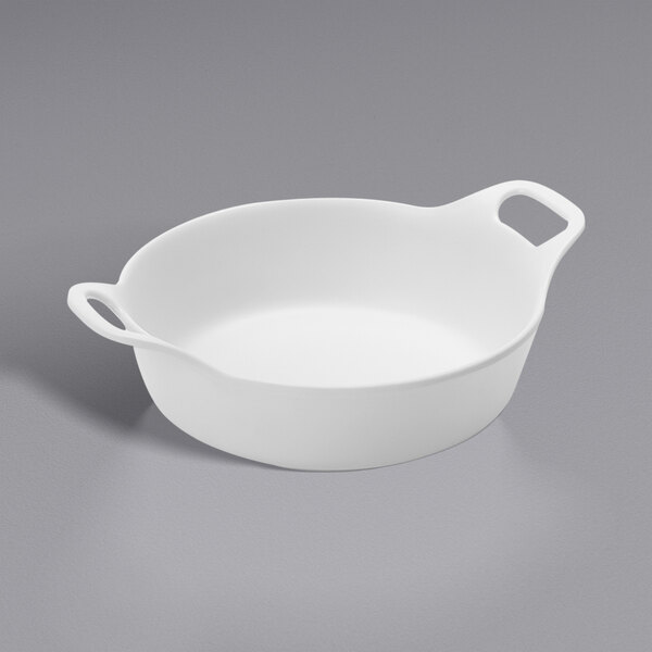An American Metalcraft white melamine casserole dish with two handles.