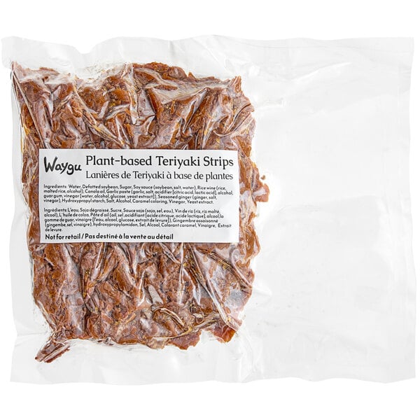 A package of Waygu Vegan Teriyaki Beef slices in a plastic bag with a label.
