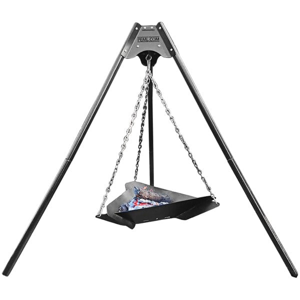 A Paris Site Furnishings steel fire pit with a tripod base.