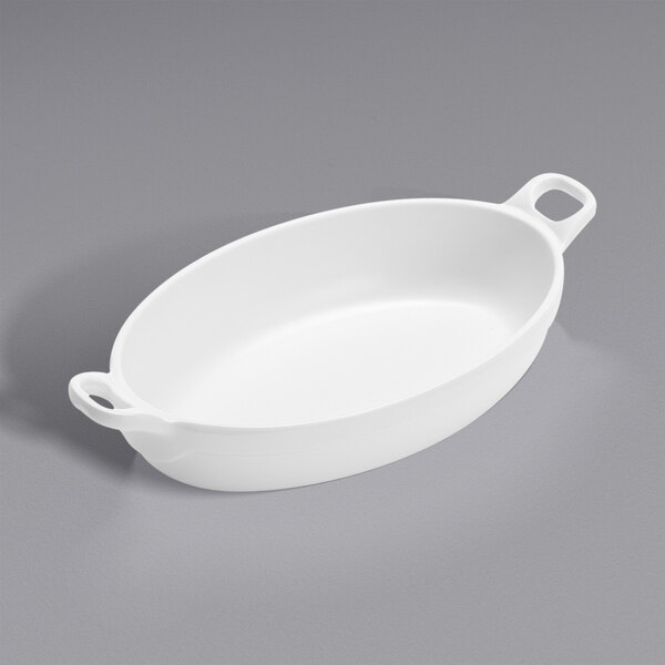 An American Metalcraft white oval melamine dish with handles.