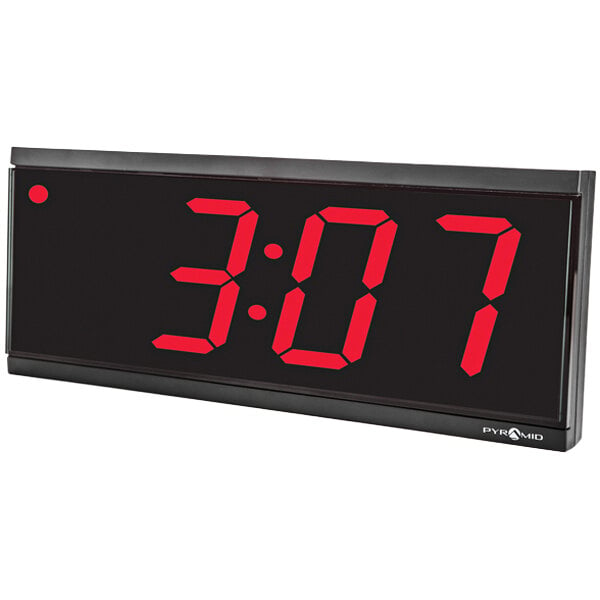 A Pyramid Time Systems 4-digit LED digital clock with red numbers on it.