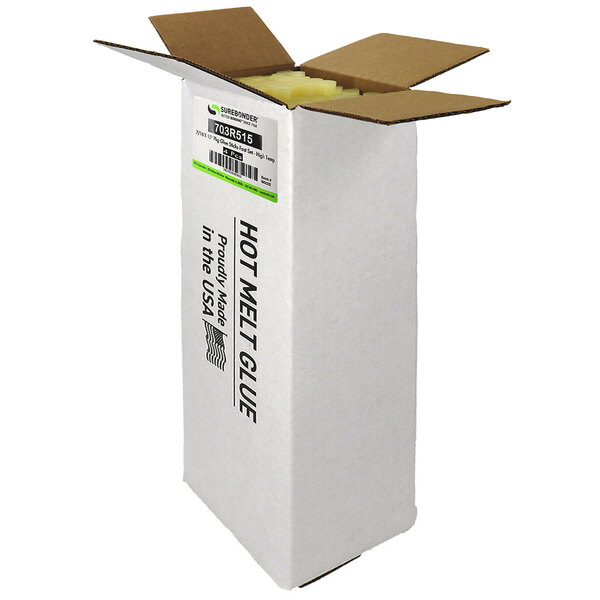A white box of Surebonder high temp tan glue sticks with black text.