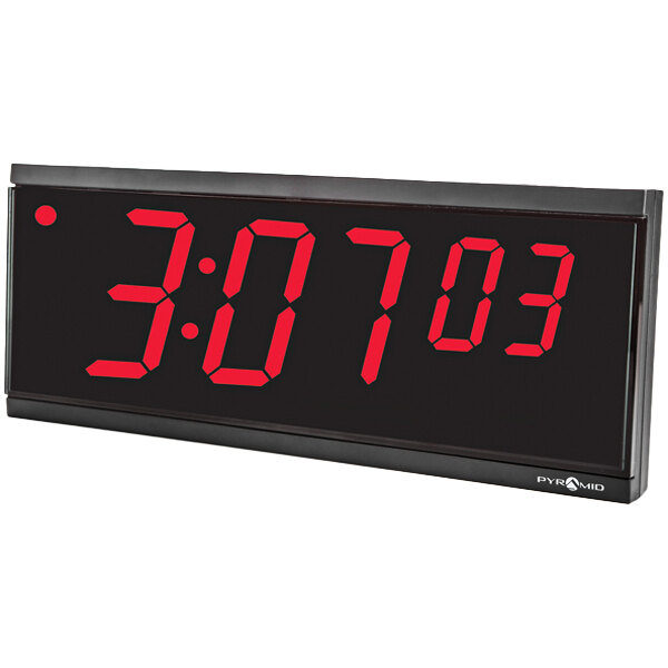 A Pyramid Time Systems 6-digit digital clock with red numbers on a black background.